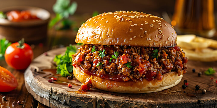 gourmet beef burger with fresh toppings on rustic wooden board for summer bbq