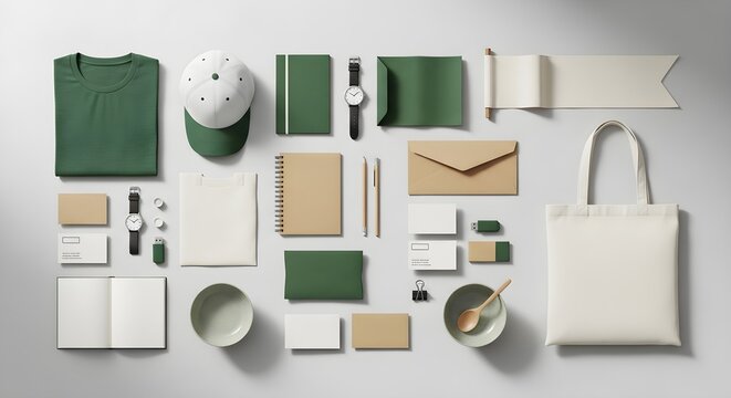 Green Lifestyle Corporate Identity Flat Lay with Tote Bag, Apparel, Notebook, Watch, Stationery, Coffee Cup and Packaging Accessories for Eco Branding and Marketing Design