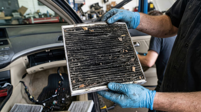 Dirty cabin air filter car interior mechanic hands blue glove automotive repair maintenance shop dust clog ventilation system passenger compartment filtration system