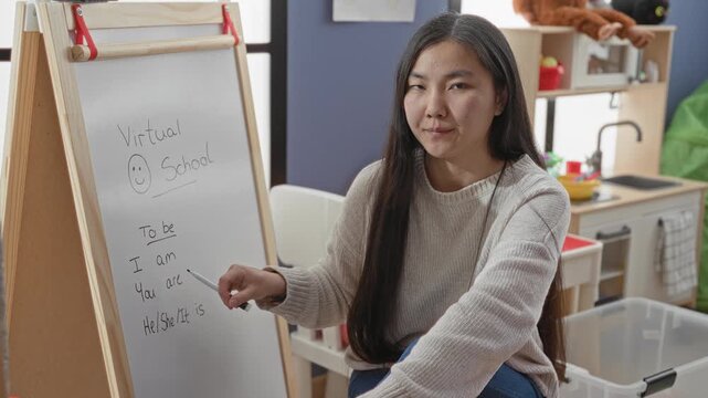 Woman teacher points marker at whiteboard easel and writes 'to be' conjugations for virtual school in studio playroom; online learning calm.