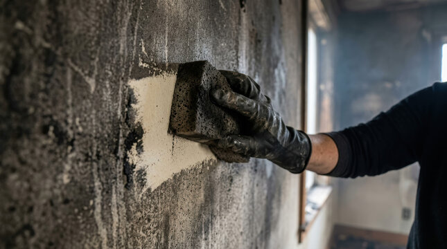 Close up of hand using soot sponge on dirty wall in renovation work