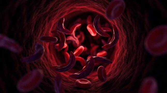 Sickle cell disease medical illustration showing abnormal crescent shaped red blood cells and healthy erythrocytes flowing through a human blood vessel