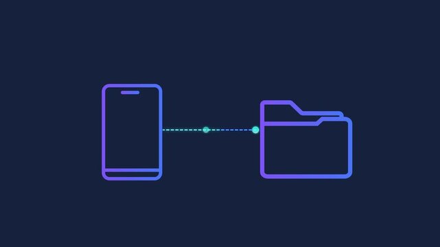 Animated motion graphics showing a smartphone icon connecting to a file folder via pulsing dots. Conceptualizing mobile data organization, file synchronization, and document management on dark blue