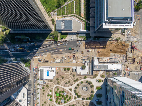 Top Down (Nadir) Aerial View Of Urban Subway Station Construction And Infrastructure