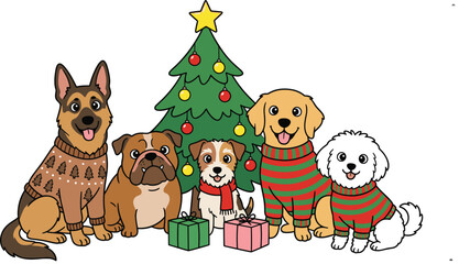 Fototapeta premium Cute Christmas Dogs Collection with German Shepherd Bulldog Puppy Golden Retriever Bichon in Sweaters Tree Gifts Holiday Vector Illustration