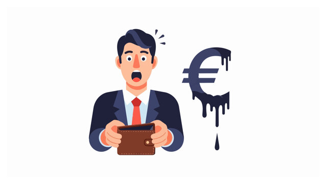 Economic Crisis: A shocked man reveals an empty wallet beside a melting euro symbol, depicting financial insecurity and economic downturn.