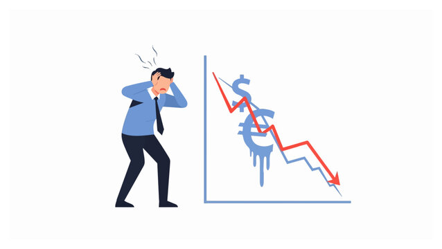 Economic Downturn: A distressed figure looks on as the downward trajectory of currency symbols graphically illustrates a stark economic downturn.