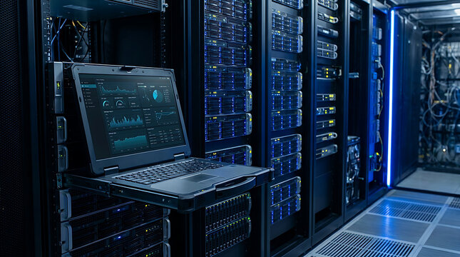 Rugged laptop console displaying data analytics and system monitoring dashboards inside a modern high-tech server room with multiple racks of networking equipment.