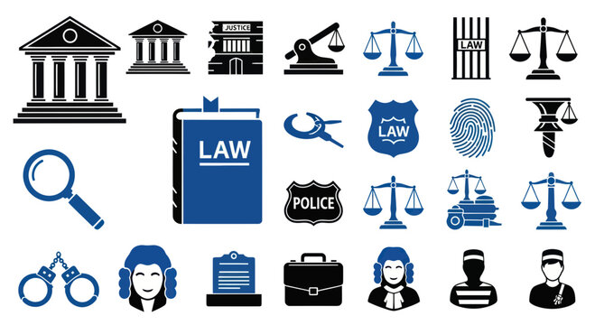 Justice and Law Icons: Court, Scales, Gavel, Police, Fingerprint, Book