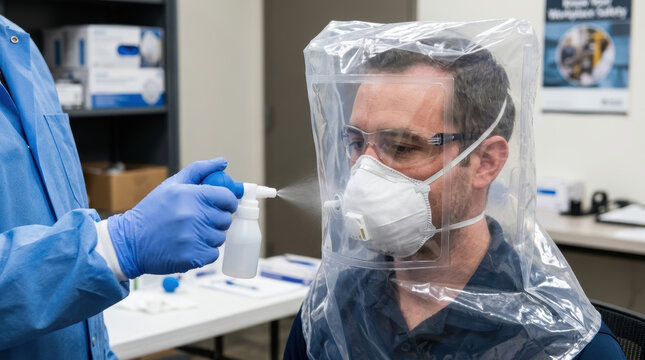 Respirator fit test protective mask safety test health care worker medical procedure aerosol spray laboratory room protective gear face shield man wearing mask