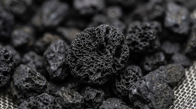 Activated carbon granule black porous carbon macro texture filtration media air filter water filter absorbent material close up industrial material granular texture