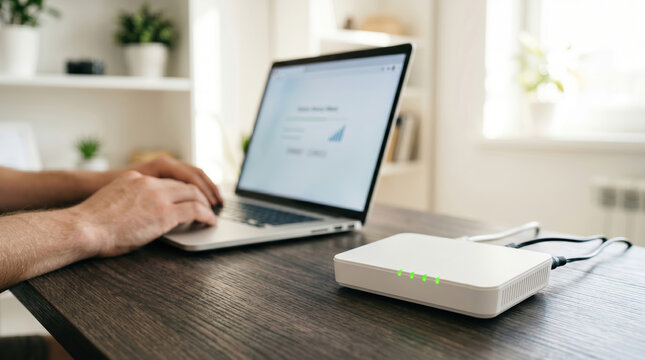 A person types on a laptop in a bright room. The laptop screen shows a webpage. An internet router sits on the table with lights indicating a connection