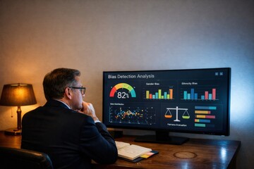 Fototapeta premium A person reviews bias detection analysis on a screen while seated at a desk with a lamp in a modern office space during evening hours.