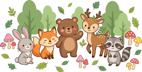 Fototapeta premium Cute Woodland Forest Animal Collection with Bear Fox Deer Rabbit Raccoon Mushrooms Leaves Trees Kawaii Cartoon Nature Vector Set