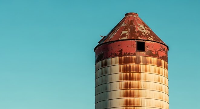 Rusty red metal silo tower against blue sky