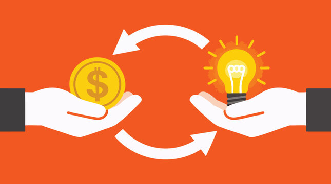 Investment Concept: Exchanging Creative Idea Light Bulb for Gold Dollar Coin