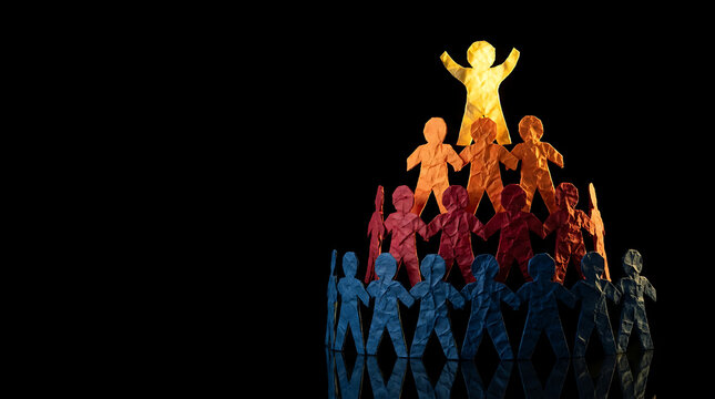 Leadership and success concept with a pyramid of colorful paper people and a glowing yellow figure standing at the peak against a black background