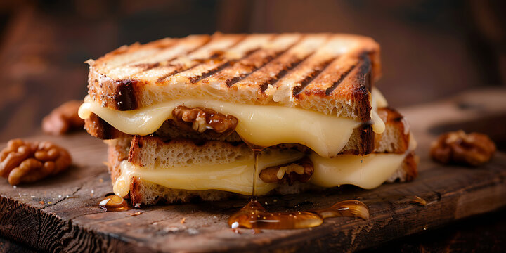 grilled cheese sandwich with caramelized walnuts on rustic wooden board