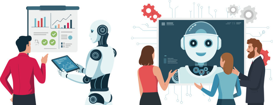 AI robot assisting business team with data analytics dashboard and digital transformation collaboration in modern workplace illustration