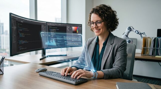 ai assistance technology concept. Woman programmer coding on multiple screens with holographic interface in modern office