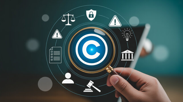 A person holding a smartphone displaying a copyright symbol surrounded by digital representing intellectual property and data security