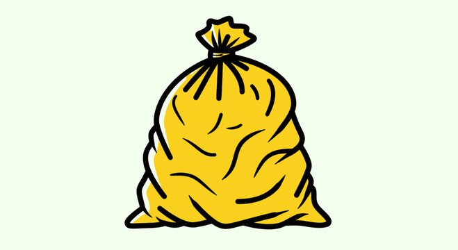 Yellow Trash Bag Filled with Garbage, Tied Closed, Isolated on Light Green Background