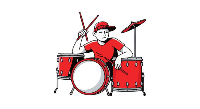 Young boy playing drums, red drum set, rock music, hobby, entertainment, isolated