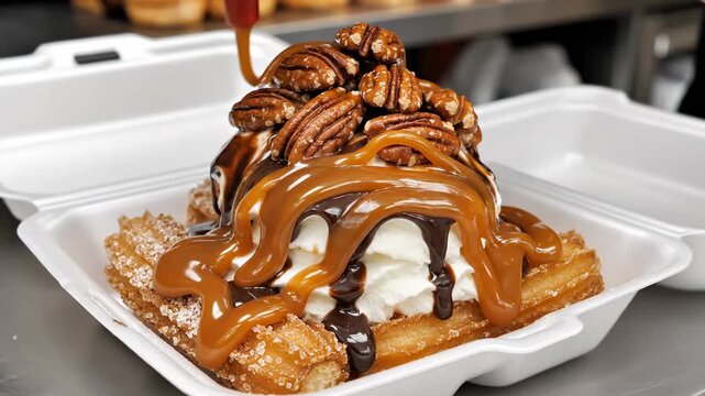 Delicious Churro Sundae topped with whipped cream, chocolate drizzle, and pecans in a takeaway box for food blogs and dessert menu promotions.