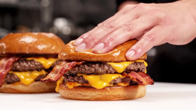 Delicious Double Bacon Cheeseburger with a hand pressing a soft brioche bun, perfect for restaurant menus and food marketing.