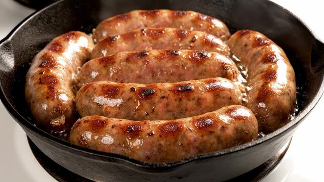 Sizzling Gourmet Sausages frying in a seasoned cast iron skillet with steam rising perfect for cooking tutorials and food marketing.