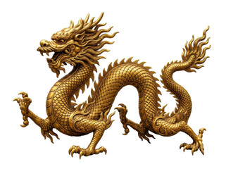 Fototapeta premium Golden Chinese Dragon in Realistic Fantasy Sculpture Style, Mythical Creature Isolated on Transparent Background