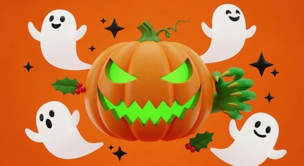 Naklejka premium 3d halloween pumpkin with glowing green eyes and mouth surrounded by cute ghosts and holly berries