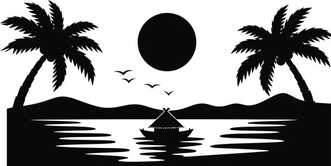 Black silhouette of a tropical island scene with a tent on a boat © mdtaher