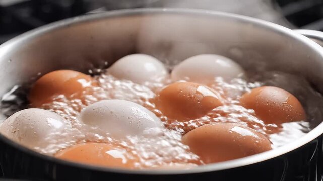 Closeup of Eggs Boiling in a Pot of Water.