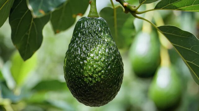 Closeup of a ripe avocado hanging from a tree branch.
