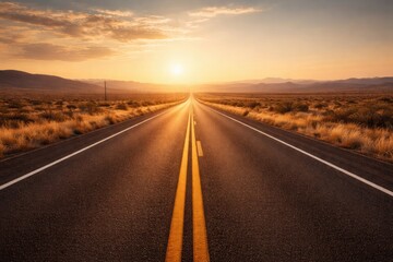 Fototapeta premium A long highway stretches into the distance under a bright sunset. The road is flanked by desert vegetation and mountains are visible ahead.