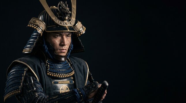 漆黒の静寂と侍の精神。兜と甲冑に宿る威厳と緊張感溢れる日本人戦国武将の表情