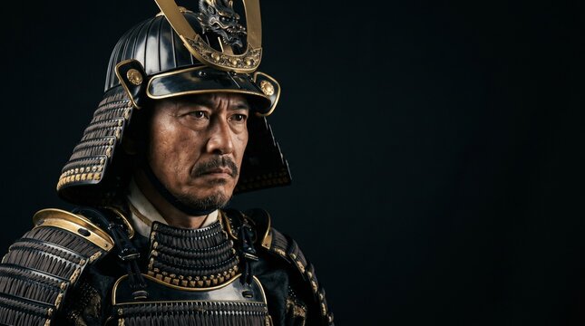 漆黒の静寂と侍の精神。兜と甲冑に宿る威厳と緊張感溢れる日本人戦国武将の表情