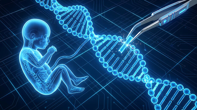 Genetic engineering of a human embryo using tweezers to modify a DNA double helix on a digital background - 3d illustration