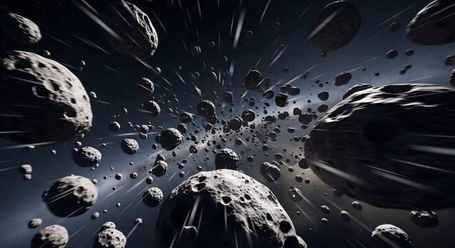 Deep space view of asteroid belt, cosmic debris, and distant stars with light streaks, dark sci-fi scene. astroid belt