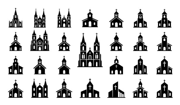Christian church building and chapel silhouette icon set for religious symbol, worship place and faith concept vector illustration