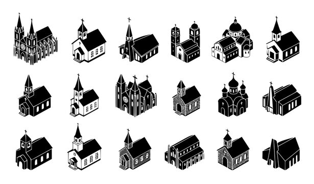 Christian church building and chapel silhouette icon set for religious symbol, worship place and faith concept vector illustration