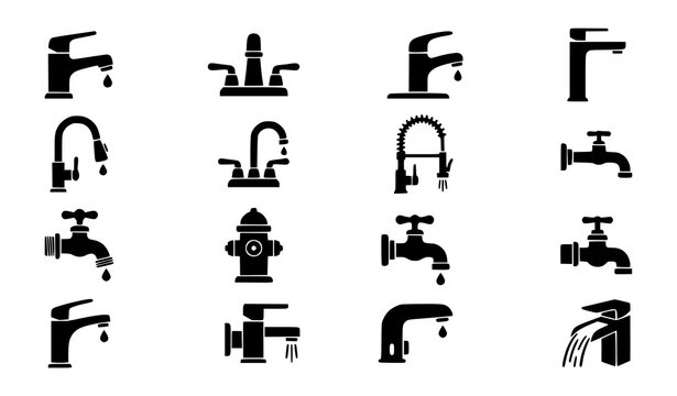 Modern water faucet and tap icon set for bathroom plumbing, kitchen sink and utility plumbing system vector illustration