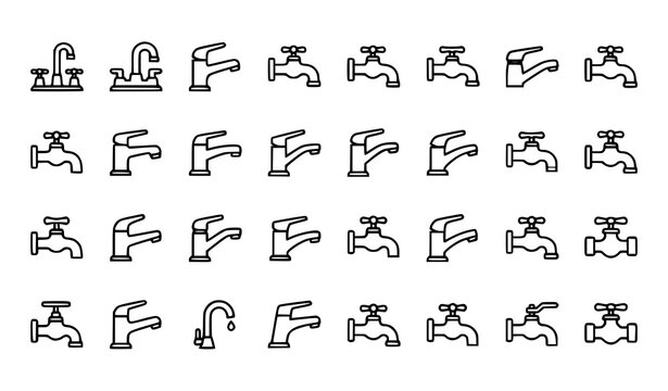 Modern water faucet and tap icon set for bathroom plumbing, kitchen sink and utility plumbing system vector illustration
