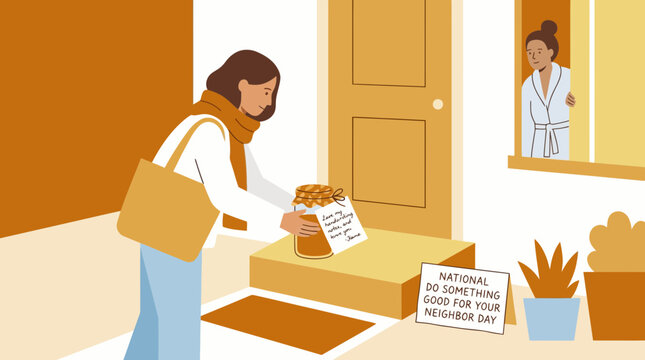 Woman leaving gift for neighbor on National Do Something Good Day