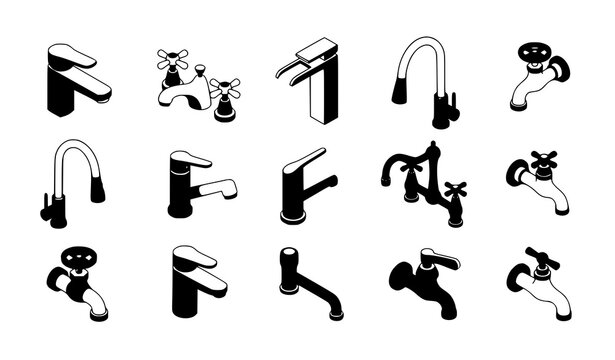 Modern water faucet and tap icon set for bathroom plumbing, kitchen sink and utility plumbing system vector illustration