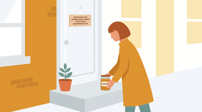 Woman leaving a jar of soup at neighbor doorstep for kindness day