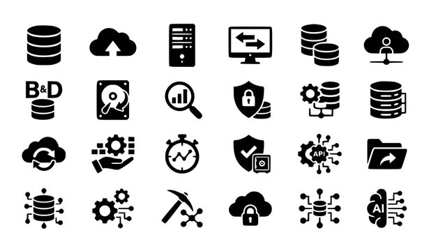Database and big data line icon set for data storage, information system and database management technology vector illustration