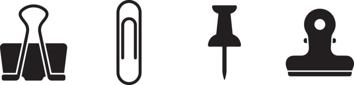 Collection of black vector office stationery icons featuring binder clips and paper fasteners for professional business and design document organization