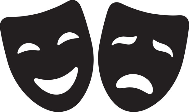 Minimalist vector illustration featuring classic comedy and tragedy theater masks representing duality of emotions within the performing arts industry design